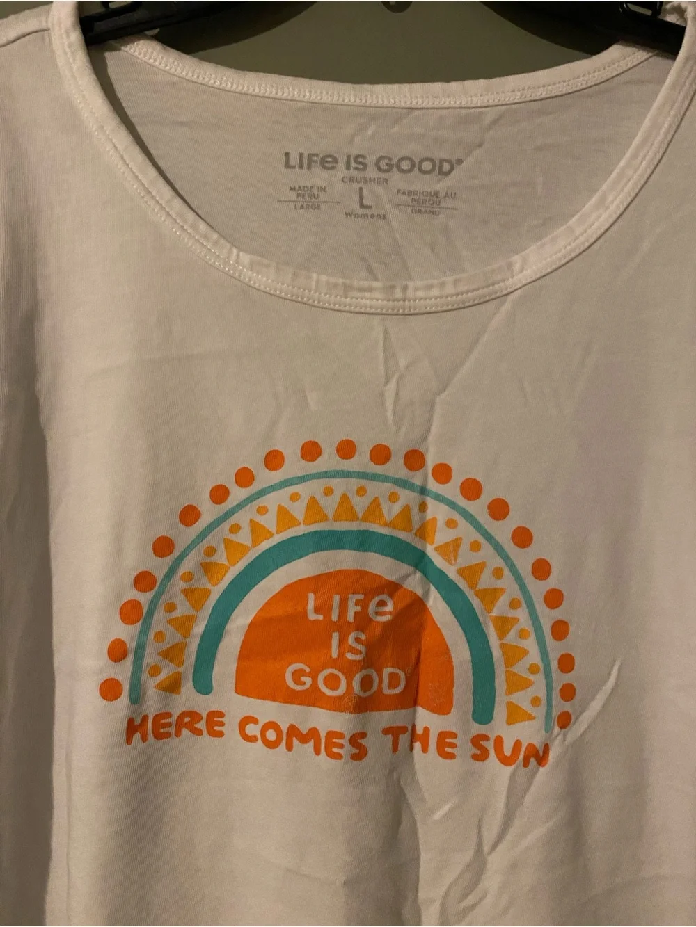 Life Is Good White Tee with Orange and Teal Sun Graphic - Picture 2 of 2
